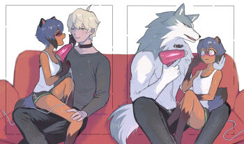 1boy 1girl animal_ears bare_shoulders blonde_hair blue_hair blush brand_new_animal breasts closed_eyes furry furry_male green_eyes hetero highres k_kp_18 kagemori_michiru multiple_views ogami_shirou open_mouth panties shirt short_hair shorts small_breasts tail tanuki_ears raccoon_tail underwear white_shirt wolf_boy