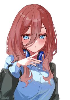 1girl absurdres black_jacket blazer blue_eyes blue_sweater blush breasts brown_hair collared_shirt commentary_request go-toubun_no_hanayome hair_between_eyes highres jacket jin_(oihlf) large_breasts long_hair_between_eyes looking_at_viewer loosely_tucked_bangs nakano_miku off_shoulder open_clothes open_jacket parted_lips shirt simple_background solo sweater upper_body white_background