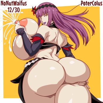 1girl ass bare_shoulders breasts curvy deep_skin detached_sleeves female_focus from_behind grabbing_own_ass highres huge_ass huge_breasts lactation lady_j lipstick long_hair looking_at_viewer makeup no_panties poter_colus purple_hair simple_background solo thick_thighs thighs valkyrie_drive valkyrie_drive_-mermaid- wide_hips yellow_eyes