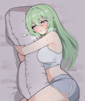 1girl absurdres armpit_crease blush body_pillow breasts commentary_request cowboy_shot crop_top dolphin_shorts green_hair grey_shorts grey_tank_top hair_between_eyes heart highres hugging_object korean_commentary korean_text large_breasts long_bangs long_hair lying maksagwa multicolored_hair on_bed on_side parted_lips pillow purple_eyes short_shorts shorts solo speech_bubble stellive straight_hair streaked_hair sweat tank_top translation_request virtual_youtuber yuzuha_riko