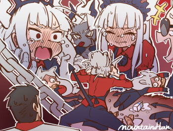 1boy 1girl business_suit cup demon_girl desk drinking_glass formal_clothes gloves grin helltaker helltaker_(character) highres horns long_hair looking_up lucifer_(helltaker) mountain_han red_eyes red_shirt shirt skeleton skeleton_(helltaker) smile smirk sparkling_eyes suit very_long_hair white_gloves white_hair white_horns wine_glass