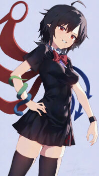 1girl asymmetrical_wings bad_tag black_dress black_hair blue_wings bow bowtie breasts center_frills covered_navel dress frills from_below grin hair_between_eyes hand_on_own_hip highres houjuu_nue kisamu_(ksmz) looking_at_viewer looking_down medium_breasts medium_hair messy_hair red_bow red_bowtie red_eyes red_wings short_dress short_sleeves skin_tight skindentation smile smug snake snake_wrapped_around_arm solo standing thighhighs thighs touhou wings wristband