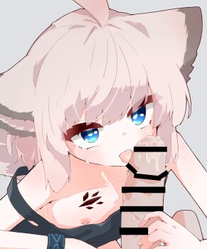 1boy 1girl absurdres ahoge animal_ears arknights bar_censor blue_eyes censored fellatio flat_chest fox_ears hetero highres licking licking_penis loli material_growth nipples oral oripathy_lesion_(arknights) penis rano_u_rabe sussurro_(arknights) tongue tongue_out