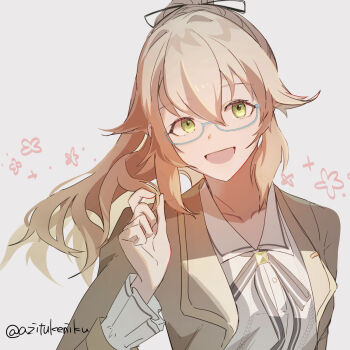 Rule 34 | 1girl, :d, azitsukeniku, black ribbon, blue-framed eyewear, brown hair, brown jacket, collarbone, dress shirt, eiyuu densetsu, glasses, green eyes, grey background, hair between eyes, hair ribbon, highres, jacket, kuro no kiseki, kuro no kiseki (series), kuro no kiseki ii, long sleeves, looking at viewer, neck ribbon, open clothes, open jacket, open mouth, ponytail, ribbon, sen no kiseki (series), sen no kiseki i, shirt, sketch, smile, towa herschel, twitter username, upper body, white shirt