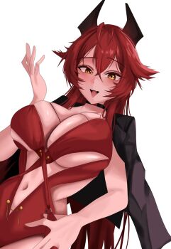 1girl antenna_hair between_breasts black_choker black_jacket blush breasts choker cleavage commentary_request double-parted_bangs dress fang goddess_of_victory:_nikke hair_between_eyes halter_dress halterneck hand_on_own_hip highres horns jacket jacket_on_shoulders large_breasts long_hair looking_at_viewer mechanical_horns navel official_alternate_costume open_mouth red_dress red_hair red_hood_(nikke) red_hood_(nonsense_red)_(nikke) simple_background skin_fang smile solo strap_between_breasts tato0324iti very_long_hair white_background yellow_eyes