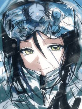 1boy 1girl banli_que_zi black_gloves black_hair blush brown_scarf closed_eyes closed_mouth gloves hair_between_eyes happy highres long_hair long_hair_between_eyes looking_at_viewer open_mouth original portrait reflection scarf short_hair smile solo_focus v wind yellow_eyes zipper zipper_pull_tab