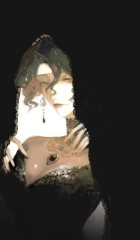 Rule 34 | 1girl, absurdres, dress, earrings, half-closed eyes, hands up, highres, jewelry, light smile, looking at viewer, original, portrait, see-through cleavage, see-through clothes, solo, waffle820, white background