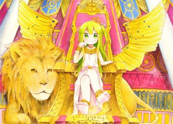Rule 34 | 1girl, anklet, artistic error, banner, barefoot, bracelet, crossed legs, crown, dress, feet, female focus, full body, green eyes, green hair, hand on own cheek, hand on own face, jewelry, lion, looking at viewer, necklace, nipeira, original, pillar, sitting, solo, throne, toes, white dress, wings, wrong foot