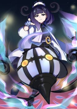 1girl asakura_riri belt belt_buckle black_dress bob_cut buckle chandelure coat dress gen_5_pokemon gloves gwynn_(pokemon) hat highres long_sleeves looking_at_viewer nintendo o-ring o-ring_belt open_clothes open_coat partially_fingerless_gloves pokemon pokemon_(creature) pokemon_legends:_z-a purple_eyes purple_hair short_hair white_coat