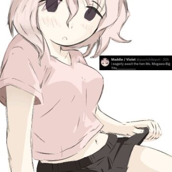 1girl black_skirt blush breasts clothes_lift collarbone crop_top h3n_sw hair_between_eyes large_breasts looking_at_viewer mogawa_(shimeji_simulation) navel pink_hair pink_shirt purple_eyes shimeji_simulation shirt short_sleeves skirt skirt_lift solo tweet