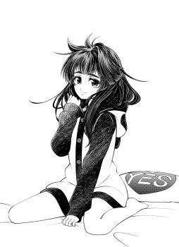 1girl absurdres animal_hood animal_hoodie barefoot bed_sheet blunt_bangs blush eibon greyscale hair_over_shoulder highres hiyajou_maho hood hoodie kneeling long_hair messy_hair monochrome on_bed panda_hood science_adventure simple_background sitting sleepwear smile solo steins;gate steins;gate_0 wariza yes-no_pillow