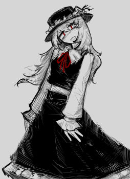 1girl collared_shirt frilled_sleeves frills grey_background grin gu_ming_di_lian hat highres jacket_girl_(dipp) layered_sleeves long_hair long_sleeves neck_ribbon parted_lips red_eyes red_ribbon ribbon shirt short_over_long_sleeves short_sleeves simple_background skirt sleeveless sleeveless_shirt smile solo spot_color touhou