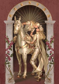 Rule 34 | 2boys, arch, armband, art nouveau, beard, blonde hair, boots, bridal gauntlets, cape, column, commentary request, cowboy hat, facial hair, flower, grey shirt, gyro zeppeli, hat, heart ornament, highres, holding, holding reins, hood, hood down, hoodie, horseback riding, horseshoe hat ornament, horseshoe ornament, imminent kiss, johnny joestar, jojo no kimyou na bouken, lay llll, long hair, male focus, medium hair, multiple boys, pants, pillar, pink flower, pink rose, plant, reins, riding, rose, saddle, saddlebags, shirt, short sleeves, slow dancer (jojo), spurs, star (symbol), star print, steel ball run, two-tone sleeves, vines, white armband, white bridal gauntlets, white cape, white hat, white hoodie, white pants, yaoi