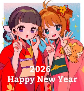2026 2girls :d antenna_hair black_hair blue_background blue_eyes blunt_bangs border brown_hair cardcaptor_sakura child commentary daidouji_tomoyo finger_counting green_sash hair_intakes hands_up happy_new_year japanese_clothes kero_(cardcaptor_sakura) kimono kinomoto_sakura long_sleeves looking_at_viewer multiple_girls new_year obi open_mouth outside_border pink_kimono purple_eyes red_kimono sanamaru_(sana79261827) sash short_hair smile upper_body white_border wide_sleeves yellow_sash