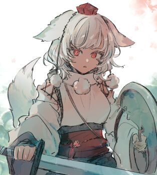 1girl animal_ears commentary detached_sleeves hat holding holding_shield holding_sword holding_weapon inubashiri_momiji looking_at_viewer medium_hair mozukuzu_(manukedori) parted_lips pom_pom_(clothes) red_eyes shield shirt sleeveless sleeveless_shirt solo sword tail tokin_hat touhou upper_body weapon wet white_hair white_shirt wolf_ears wolf_girl wolf_tail