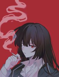 Rule 34 | 1girl, alternate hair length, alternate hairstyle, black hair, cigarette, collared shirt, hand up, highres, holding, holding cigarette, limbus company, long hair, looking at viewer, mokapome, project moon, red eyes, ryoshu (project moon), shirt, sidelocks, smoke, solo, very long hair, white shirt