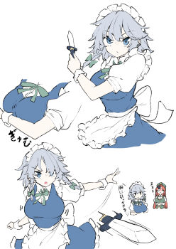 2girls apron bleeding blood blue_dress blue_eyes bow bowtie braid breasts closed_mouth commentary crossed_arms deetamu dress green_bow green_bowtie green_hat green_vest grey_hair hair_bow hat hat_ornament highres hong_meiling izayoi_sakuya knife knifed large_breasts long_hair maid maid_headdress multiple_girls puffy_short_sleeves puffy_sleeves red_hair short_sleeves simple_background sleeping star_(symbol) star_hat_ornament throwing_knife touhou translation_request twin_braids vest waist_apron weapon white_apron white_bow white_bowtie zzz