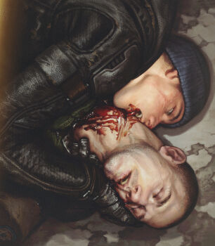 Rule 34 | 2boys, beanie, black gloves, black jacket, blood, buzz cut, chinese commentary, closed eyes, commentary request, fukurau, gloves, grey hat, hat, highres, jacket, licking blood, male focus, multiple boys, open mouth, realistic, short hair, skif (stalker 2), stalker (game), stalker 2: heart of chornobyl, strider (stalker), very short hair