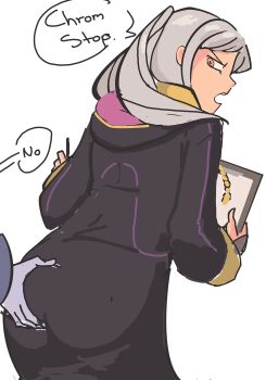 1boy 1girl butt_crack_outline chrom_(fire_emblem) davewaterfalls drawing_(action) drawing_tablet female_robin_(fire_emblem) fire_emblem fire_emblem_awakening groping hand_on_another&#039;s_ass looking_at_viewer nintendo robe simple_background speech_bubble twintails white_hair yellow_eyes