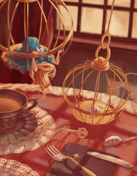 1girl absurdres alice_(alice_in_wonderland) alice's_adventures_in_wonderland all_fours back_bow blonde_hair blue_bow blue_dress bone book bow cage commentary cup dining_room dress drill_hair english_commentary fork frilled_dress frills full_body hair_bow highres in_cage indoors ippomoea key knife leaning_forward long_dress long_hair mini_person minigirl puffy_short_sleeves puffy_sleeves saucer shade short_sleeves skull solo sponge sunset tea teacup very_long_hair white_bow window