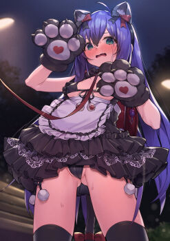 1girl @_@ absurdres ahoge anal_beads anal_tail animal_hands aqua_eyes backpack bag bdsm belt bikini bitch_taken_for_walk blue_hair blush bow breasts butt_plug collar crime_prevention_buzzer fake_tail female_focus front-tie_bikini_top front-tie_top gloves gluteal_fold green_eyes hair_between_eyes highres idolmaster idolmaster_million_live! idolmaster_million_live!_theater_days leash loli long_hair looking_at_viewer mochizuki_anna navel night outdoors partially_visible_vulva paw_gloves pet_play petgirl purple_hair randoseru sex_toy shennai_misha side-tie_bikini_bottom slave small_breasts solo sweat swimsuit tail tail_bow tail_ornament teeth thighs thong_bikini