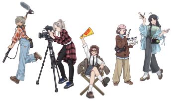 5girls ahoge artist_request awa_subaru baseball_cap belt black_necktie black_pants black_shoes black_skirt blue_jacket blue_nails blue_pants boom_microphone brown_cardigan brown_eyes brown_hat brown_jacket brown_nails brown_pants brown_shoes camera cardigan chair clapperboard coat crossed_legs director&#039;s_chair ear_piercing ebizuka_tomo folding_chair girls_band_cry green_shirt grey_eyes grey_hair hair_ornament hairclip half_updo hat highres holding holding_brush holding_makeup_brush iseri_nina jacket kawaragi_momoka long_skirt long_sleeves makeup_brush mole mole_under_eye multicolored_hair multiple_girls nail_polish necktie official_art open_clothes open_jacket open_mouth orange_nails orange_shirt pants parted_bangs piercing pink_hat plaid_clothes plaid_coat purple_eyes red_coat red_eyes red_nails roots_(hair) rupa_(girls_band_cry) shirt shoes skirt socks sunglasses suspenders teeth togenashi_togeari torn_clothes torn_pants transparent_background upper_teeth_only white_belt white_shirt white_socks