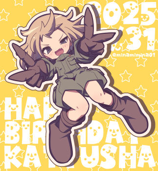 1girl birthday black_boots black_gloves black_outline blonde_hair blue_eyes bob_cut boots character_name commentary dated double_v english_text fang floating girls_und_panzer gloves green_jumpsuit half-closed_eye happy_birthday highres jumpsuit katyusha_(girls_und_panzer) long_sleeves looking_at_viewer minami_mina open_mouth outline pravda_military_uniform short_hair short_jumpsuit skin_fang smile solo star_(symbol) text_background twitter_username v white_outline yellow_background