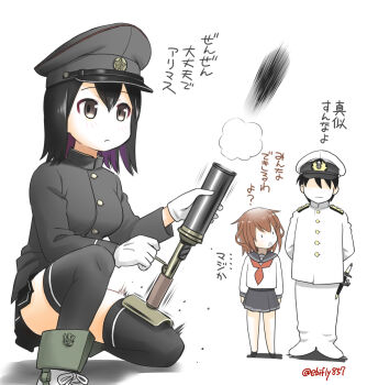 1boy 2girls admiral_(kancolle) akitsu_maru_(kancolle) akitsu_maru_kai_(kancolle) arms_behind_back black_hair black_jacket bob_cut brown_hair closed_mouth ebifly faceless firing grenade_discharger grey_eyes grey_sailor_collar grey_skirt hat ikazuchi_(kancolle) jacket kantai_collection knee_mortar long_sleeves medium_hair military military_uniform miniskirt mortar_(weapon) motion_blur multiple_girls necktie no_nose pale_skin pants parted_lips peaked_cap red_necktie sailor_collar school_uniform serafuku simple_background skirt thighhighs translated type_89_grenade_discharger white_background white_jacket white_pants you're_doing_it_wrong