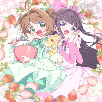 2girls :3 :d antenna_hair apron aqua_bow aqua_bowtie aqua_shorts aqua_thighhighs aqua_vest black_hair blunt_bangs bow bowl bowtie brown_hair cardcaptor_sakura child cowboy_shot creature daidouji_tomoyo daidouji_tomoyo_(chef:_tomoyo) dress drill_hair food fruit green_eyes hair_bow happy highres holding holding_bowl holding_whisk kero_(cardcaptor_sakura) kinomoto_sakura kinomoto_sakura_(shopgirl:_mint) light_blush long_hair long_sleeves looking_at_viewer mixing_bowl multiple_girls official_alternate_costume open_mouth own_hands_together pink_bow pink_dress pinstripe_pattern pinstripe_shirt plaid_background pleated_skirt purple_eyes serizawa_serizane shirt short_hair shorts shorts_under_skirt skirt smile strawberry striped_bow striped_bowtie striped_clothes suspender_skirt suspenders tail thighhighs two_side_up very_long_hair vest watermark watermark_grid whisk white_apron white_shirt white_skirt