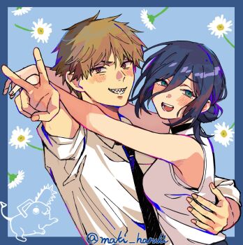 1boy 1girl arm_around_back arms_at_sides black_choker black_necktie blonde_hair blue_hair blush breasts chainsaw_man choker collared_shirt commentary_request couple denji_(chainsaw_man) flower furrowed_brow green_eyes hair_between_eyes hair_bun hetero maki_haruki medium_breasts medium_hair necktie open_mouth pochita_(chainsaw_man) red_eyes reze_(chainsaw_man) sharp_teeth shirt short_hair sleeveless sleeveless_shirt sleeves_rolled_up smile teeth twitter_username updo upper_body v white_flower white_shirt