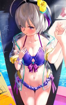 1girl absurdres ahoge ambiguous_gender bracelet breasts commentary_request fuuka_koji grabbing_another's_arm grey_hair hairband heaven_burns_red highres jewelry medium_breasts minase_sumomo navel purple_eyes short_hair swimsuit