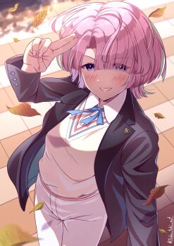 Rule 34 | 1girl, absurdres, arimura mao, asymmetrical bangs, black jacket, blue ribbon, commentary request, falling leaves, gakuen idolmaster, grey sweater vest, highres, idolmaster, jacket, leaf, looking at viewer, neck ribbon, outdoors, pants, pink hair, purple eyes, ribbon, salute, shirt, short hair, signature, solo, sweater vest, takatsuki p, twitter username, two-finger salute, white pants, white shirt