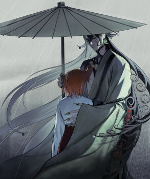 1boy 1girl absurdres ahoge ashiya_douman_(fate) bell earrings fate/grand_order fate_(series) fingernails fujimaru_ritsuka_(female) fujimaru_ritsuka_(female)_(new_year's_attire) hair_bell hair_ornament hair_scrunchie height_difference highres japanese_clothes jewelry kotomine_(a1569) long_hair looking_at_viewer magatama magatama_earrings multicolored_hair oil-paper_umbrella one_side_up orange_hair rain scrunchie sharp_fingernails smile split-color_hair umbrella wide_sleeves