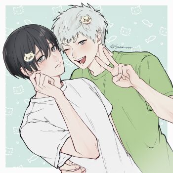 2boys absurdres arm_around_waist arm_up blush border closed_mouth commentary crew_neck double-parted_bangs green_shirt hair_ornament hairclip highres hikaru_ga_shinda_natsu indou_hikaru looking_at_viewer male_focus mole multiple_boys one_eye_closed open_mouth shirt short_sleeves sono_nu symbol-only_commentary teeth tongue tsujinaka_yoshiki twitter_username v white_border