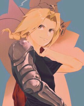 Rule 34 | 2boys, 7enn, alphonse elric, black shirt, blonde hair, braid, brothers, closed mouth, coat, commentary request, edward elric, fullmetal alchemist, jacket, living armor, long hair, male focus, mechanical arms, multiple boys, ponytail, prosthesis, prosthetic arm, red coat, red jacket, shirt, siblings, single braid, single mechanical arm, smile, upper body, yellow eyes