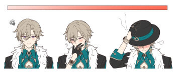 1boy aiga_ippai aventurine_(honkai:_star_rail) black_hat black_jacket blonde_hair cleavage_cutout clothing_cutout commentary_request covering_face covering_own_mouth cropped_torso earrings embarrassed fedora fur_collar hand_up hat highres honkai:_star_rail honkai_(series) jacket jewelry looking_to_the_side male_focus multiple_rings neck_tattoo pink_eyes progression ring short_hair simple_background single_earring squiggle straight-on tattoo upper_body visible_air watch white_background wristwatch