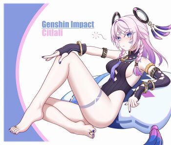 1girl absurdres barefoot blue_eyes citlali_(genshin_impact) feet genshin_impact highres jewelry light_blush long_hair looking_at_viewer pink_hair silver_bullet_(yhq811) toe_ring toes