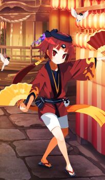 1girl beni-enma beni-enma_(event_portrait) bird blush breasts fate/grand_order fate_(series) flame_print folding_fan hand_fan harada_takehito headband horns japanese_clothes kimono long_hair looking_at_viewer low_ponytail official_art parted_bangs ponytail red_eyes red_hair red_kimono sandals sash shorts single_horn small_breasts smile solo sparrow very_long_hair white_shorts