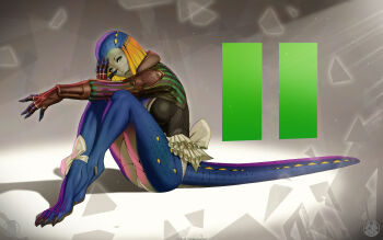 1girl artist_logo artist_name brown_gloves colored_skin commentary crocodile_girl crocodilian_tail dated english_commentary fingernails gloves highres logo monster_girl multicolored_skin original sharp_fingernails sharp_toenails solo tail themaestronoob toenails