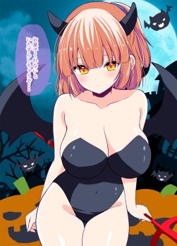 Rule 34 | 1girl, arle nadja, bare arms, bare shoulders, bare tree, black leotard, black wings, blush, breasts, brown hair, building, closed mouth, cloud, collarbone, commentary request, covered navel, demon girl, demon horns, demon tail, full moon, groin, hair between eyes, halloween, highres, holding, holding polearm, holding weapon, horns, jack-o'-lantern, large breasts, leotard, looking at viewer, madou monogatari, moon, night, night sky, outdoors, polearm, ponytail, puyopuyo, shiwasu horio, sky, solo, strapless, strapless leotard, tail, tower, translation request, tree, trident, weapon, wings, yellow eyes