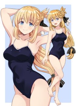 Rule 34 | 1girl, agnes claudel, alternate costume, blonde hair, blue background, blue eyes, blue one-piece swimsuit, bow, breasts, collarbone, commentary request, commission, eiyuu densetsu, feet out of frame, full body, hair bow, kuro no kiseki (series), long hair, looking at viewer, medium breasts, multiple views, one-piece swimsuit, ponzu rui, simple background, smile, solo, standing, swimsuit