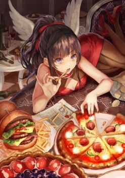 Rule 34 | 1girl, black hair, blush, bone staff, bottle, breasts, burger, cake, chair, character request, chips (food), copyright request, cup, dress, drinking glass, eating, feathered wings, fingernails, food, french fries, fruit, garter straps, glass, hanging breasts, high heels, jewelry, legs up, lettuce, looking at viewer, medium breasts, necklace, newspaper, okuma mai, open mouth, pancake, pantyhose, pepperoni, pinup (style), pizza, pizza slice, ponytail, purple eyes, sharp fingernails, stew, strawberry, table, tomato, wine glass, wings
