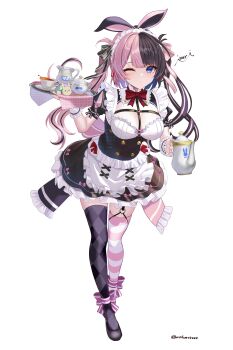 Rule 34 | 1girl, apron, asymmetrical legwear, black hair, black shoes, black skirt, black thighhighs, blue eyes, bow, breasts, commentary request, cup, full body, highres, holding, holding teapot, inari (ambercrown), large breasts, long hair, looking at viewer, maid, maid headdress, mismatched legwear, multicolored hair, one eye closed, pink bow, pink hair, shoes, short sleeves, simple background, skirt, solo, split-color hair, standing, striped clothes, striped thighhighs, tachibana hinano, teacup, teapot, thighhighs, tray, twintails, twitter username, two-tone hair, virtual youtuber, vspo!, white apron, white background, white wrist cuffs, wrist cuffs