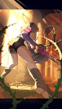 1girl 1other absurdres blue_sweater boots brown_boots brown_hair brown_shorts chainsaw chara_(undertale) delta_rune_(symbol) frisk_(undertale) gangyun green_jacket highres holding holding_chainsaw holding_knife hood hood_up indoors jacket knife pillar short_hair shorts storyshift striped_clothes striped_sweater sweater thorns undertale utdr_(toby_fox) window