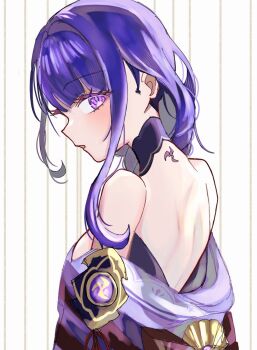 Rule 34 | 1girl, braid, bridal gauntlets, commentary request, fan hair ornament, genshin impact, hi suix2, highres, human scabbard, japanese clothes, kimono, long braid, long hair, low-braided long hair, low-tied long hair, mole, mole under eye, nagatekkou, obiage, obijime, purple hair, purple kimono, purple nails, raiden shogun, tomoe (symbol)