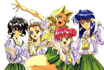 1990s_(style) 5girls arm_up black_eyes black_hair blonde_hair blue_eyes blue_hair bob_cut braid braided_bun brown_hair cindy_sakurai dice graduation_(series) green_skirt hair_bun hand_on_own_hip interlocked_fingers inuzuka_saori ishibashi_misako long_hair long_sleeves midriff_peek miniskirt multiple_girls neckerchief non-web_source official_art one_eye_closed open_mouth outstretched_arm rectangular_eyewear red_eyes retro_artstyle rimless_eyewear school_uniform short_hair simple_background skirt smile sotsugyou_ii:_neo_generation standing takei_masaki tani_yurika white_background yasuda_maina