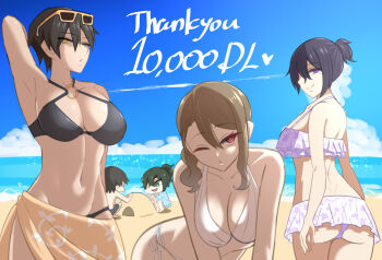 Rule 34 | 1boy, 4girls, arm behind head, arm up, armpits, beach, bikini, black hair, breasts, gyaru, hair between eyes, kirimoto maika (mzdog), kokuhaku game, kuraishi rin (mzdog), large breasts, looking at viewer, milestone celebration, mole, mole under eye, morning, multiple girls, mzdog, one eye closed, orange eyes, purple eyes, red eyes, sand castle, sand sculpture, shimasaki aoi (mzdog), short hair, smile, swimsuit, thank you, tomboy, yomoda shiori (mzdog)