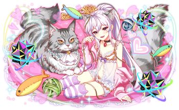 1girl 1other :3 amulet animal animal_collar animal_ear_fluff animal_ear_legwear animal_ears animal_hands animal_legs animal_nose animal_print ascot belt_collar black_eyes blush bow brooch cat cat_ears cat_print cat_tail cel_shading character_request collar collarbone collared_jacket colored_sclera crash_fever dot_nose fluffy frilled_collar frilled_straps frills game_cg grey_cat grey_collar hair_between_eyes heart high_ponytail horizontal-striped_thighhighs jacket jewelry lace_trim long_hair long_sideburns looking_at_viewer lovecraft_(crash_fever) lying midriff multicolored_eyes navel no_shoes official_art on_bed on_stomach open_mouth outline pajamas paw_pose paw_print pink_background pink_collar pink_eyes pink_jacket pink_sleeves ponytail purple_bow purple_eyes purple_thighhighs red_outline saturated see-through_pajamas short_shorts shorts sideburns sidelocks sitting sleeve_cuffs stuffed_animal stuffed_toy tachi-e tail thighhighs two-tone_eyes two-tone_thighhighs very_long_hair white_ascot white_hair white_pajamas white_shorts white_straps white_thighhighs yarn yarn_ball yellow_sclera
