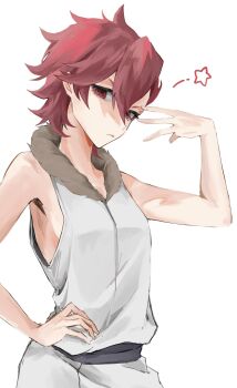 1girl 2022 bare_shoulders bleach bleach:_sennen_kessen-hen breasts closed_mouth female_focus fur_trim hand_on_own_hip highres hiuchigashima_mera red_hair short_hair simple_background small_breasts ui_1231 white_background