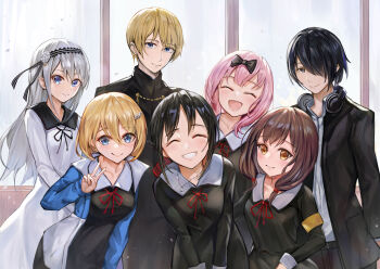 Rule 34 | 2boys, 5girls, armband, black dress, black eyes, black hair, blonde hair, blue eyes, bow, brother and sister, brown eyes, brown hair, closed eyes, commentary request, dress, flower, fujiwara chika, gakuran, grey hair, hair bow, hair flower, hair ornament, hair over one eye, hair ribbon, hayasaka ai, headphones, headphones around neck, highres, iino miko, indoors, ishigami yuu, kaguya-sama wa kokurasetai ~tensai-tachi no renai zunousen~, long sleeves, looking at viewer, multiple boys, multiple girls, parted bangs, red ribbon, ribbon, school uniform, shinomiya kaguya, shirogane kei, shirogane miyuki, short hair, shuuchiin academy school uniform, siblings, sidelocks, smile, v, window, yahiro (heartseek000)